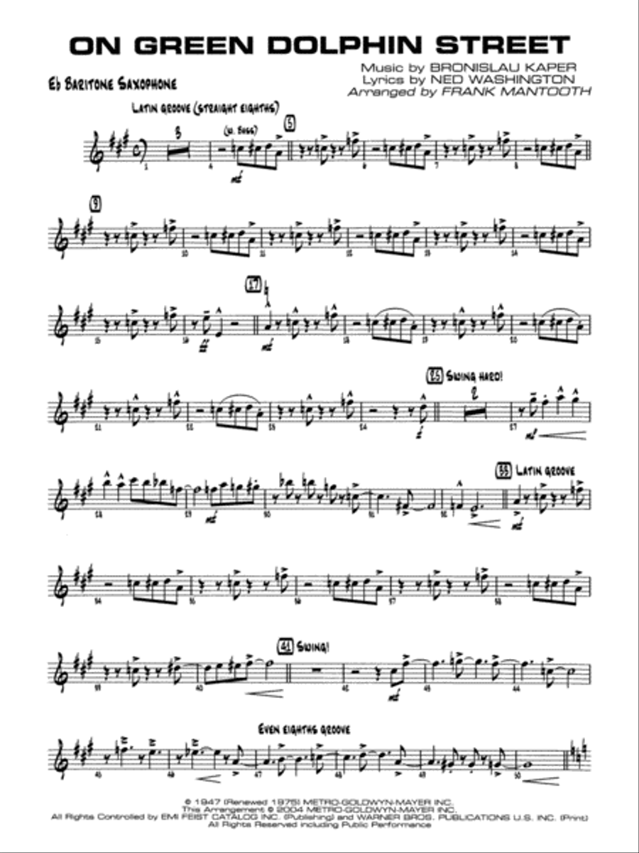 On Green Dolphin Street: E-flat Baritone Saxophone Jazz Ensemble scores gallery preview page 1