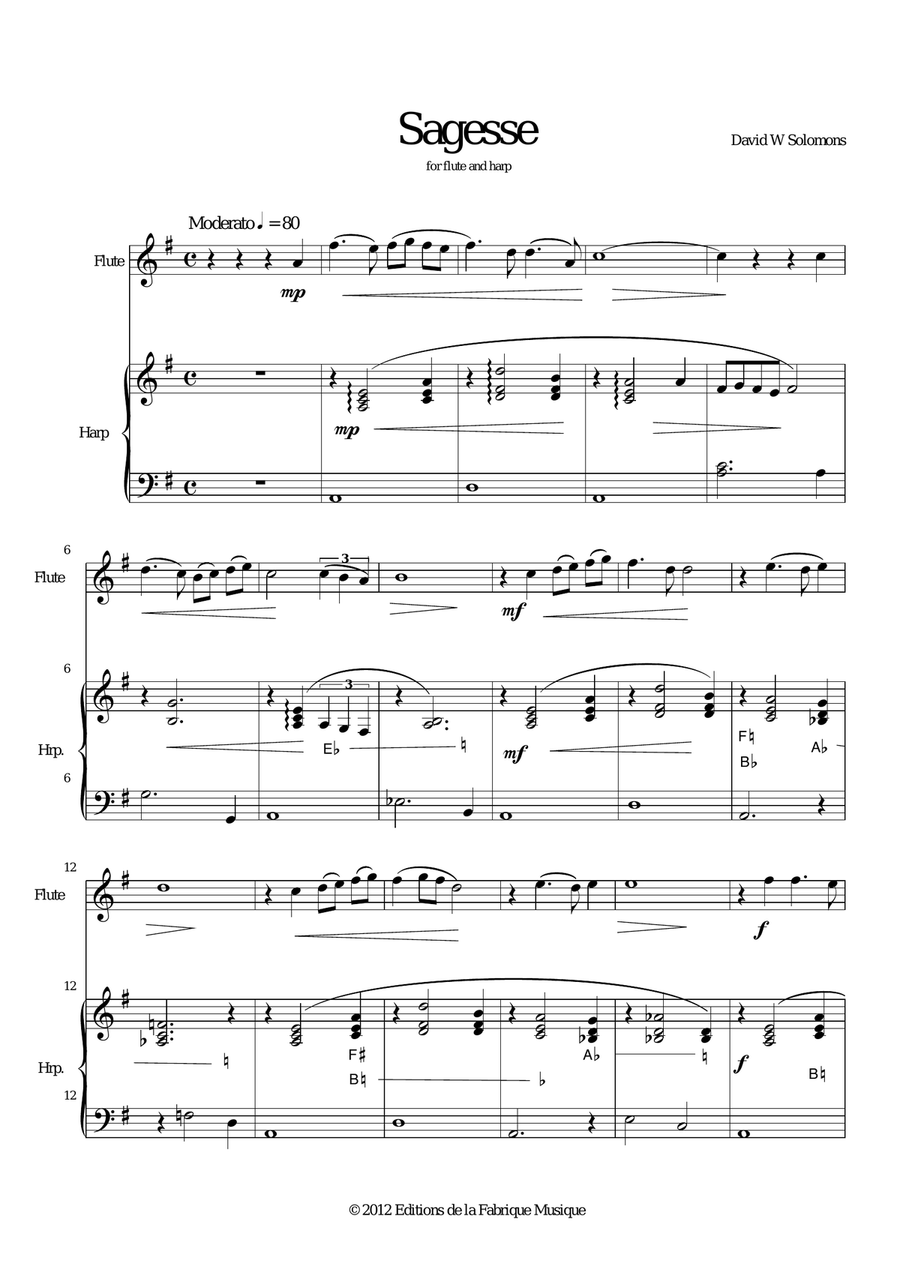 David W. Solomons: Sagesse for flute and harp Flute scores gallery preview page 1
