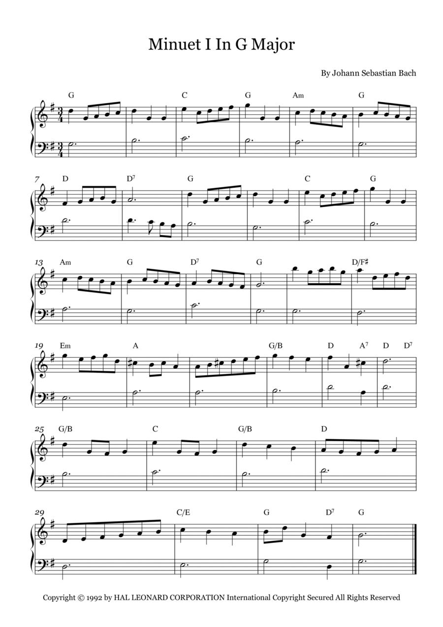 Minuet I In G Major Easy Piano scores gallery preview page 1