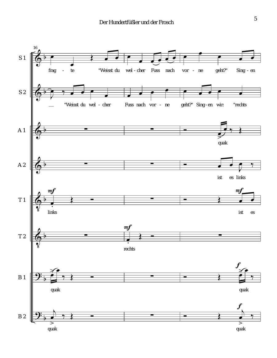 Der Hundertfüssler und der Frosch (The Centipede and the Frog in German) for 8 part choir 4-Part scores gallery preview page 5
