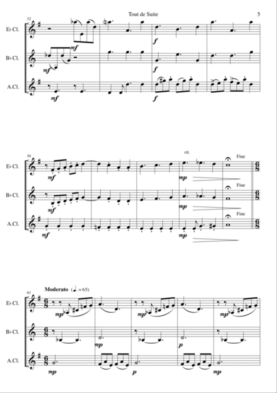 Tout de Suite (or Toot Sweet) for clarinet trio (E flat, B flat and Alto clarinet) Clarinet Trio scores gallery preview page 5