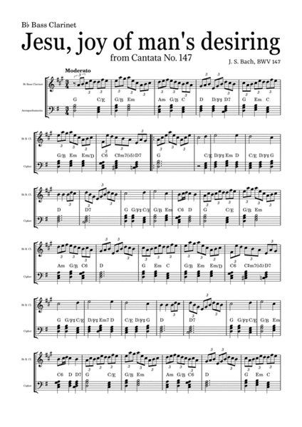 JESU, JOY OF MAN'S DESIRING by Bach - easy version for B♭ Bass Clarinet and piano with chords image number null