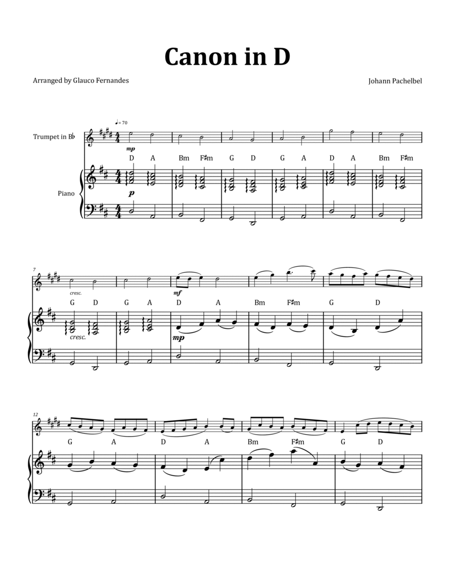 Canon by Pachelbel - Trumpet & Piano and Chord Notation image number null