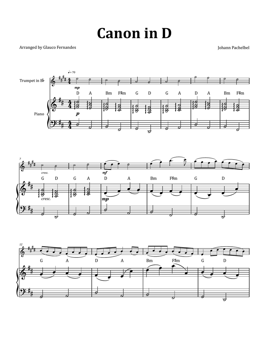 Canon by Pachelbel - Trumpet & Piano and Chord Notation Chamber Music scores gallery preview page 1