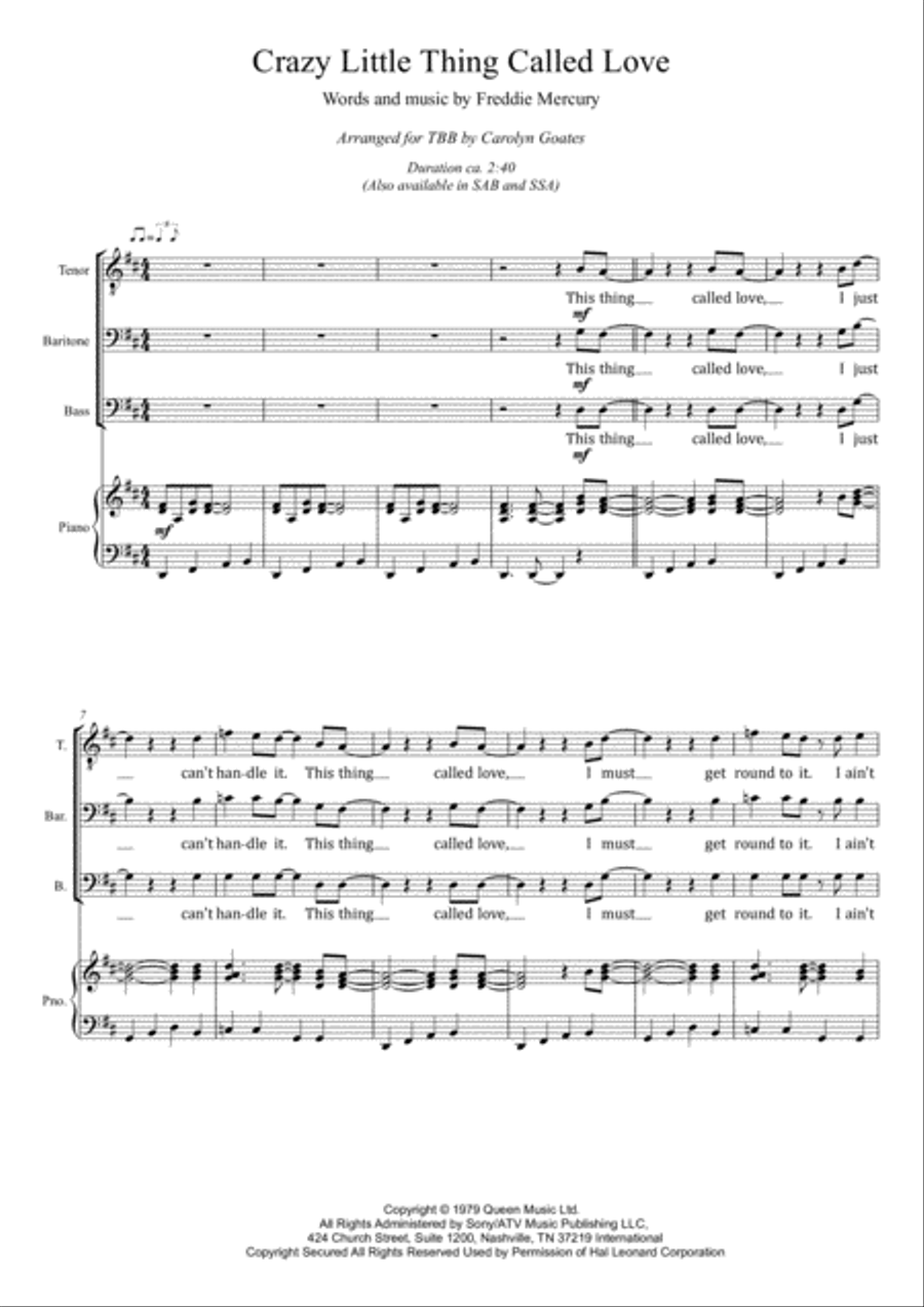 Crazy Little Thing Called Love TTBB scores gallery preview page 2