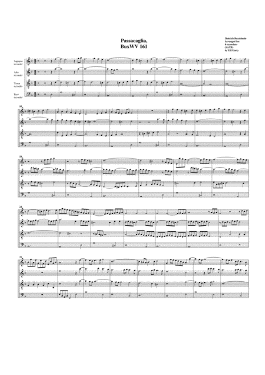 Passacaglia, BuxWV 161, D minor (arrangement for 4 recorders) Recorder scores gallery preview page 1