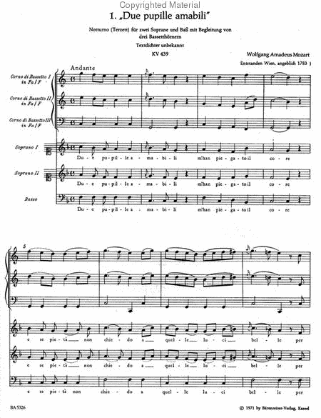 Six Notturni (Canzonette) for 2 Sopranos and Bass accompanied by 3 Bassett Horns i.e. 2 Clarinets and Bassett Horn K. 346 (439a), 436, 437, 438, 439, 549