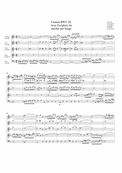 Aria: Ewigkeit, du machst mir bange from cantata BWV 20 (arrangement for 5 recorders)