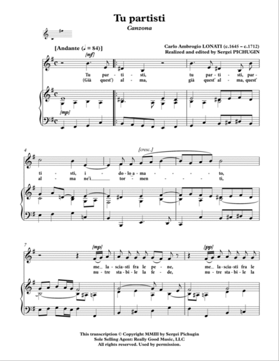LONATI Carlo Ambrogio: Tu partisti, canzona, arranged for Voice and Piano (E minor) Voice Solo scores gallery preview page 3