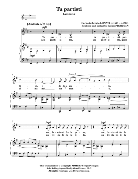 LONATI Carlo Ambrogio: Tu partisti, canzona, arranged for Voice and Piano (E minor)