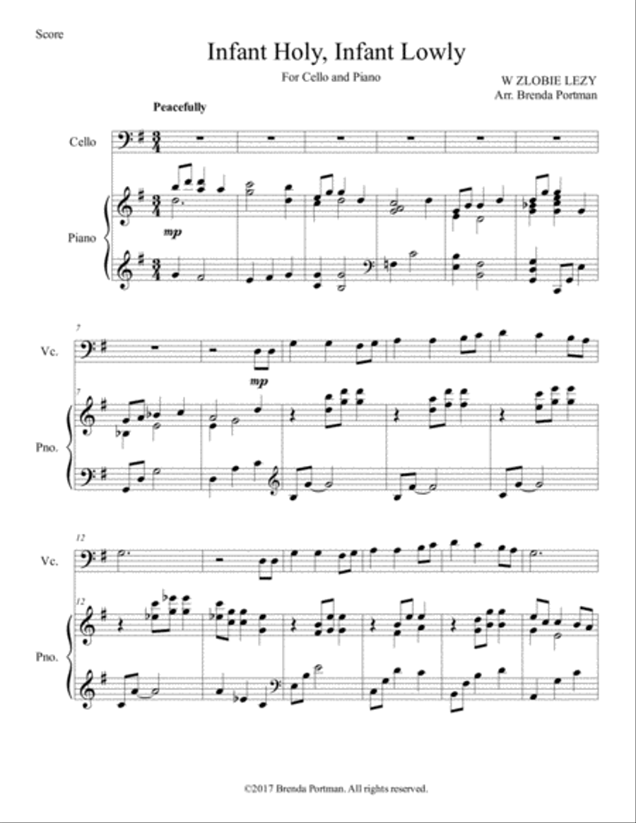 Infant Holy, Infant Lowly (cello/piano), arr. Brenda Portman Piano scores gallery preview page 1