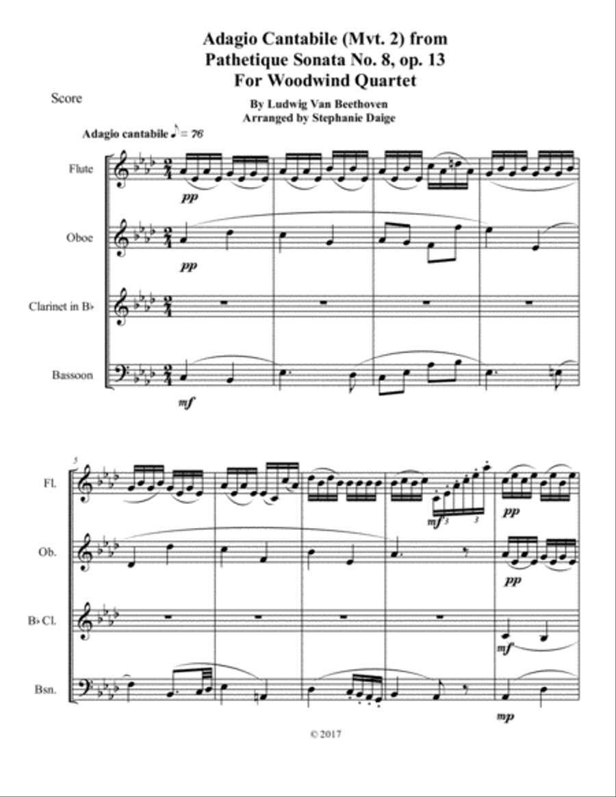 Adagio Cantabile from Beethoven's Pathetique Sonata, for Woodwind Quartet Woodwind Quartet scores gallery preview page 1