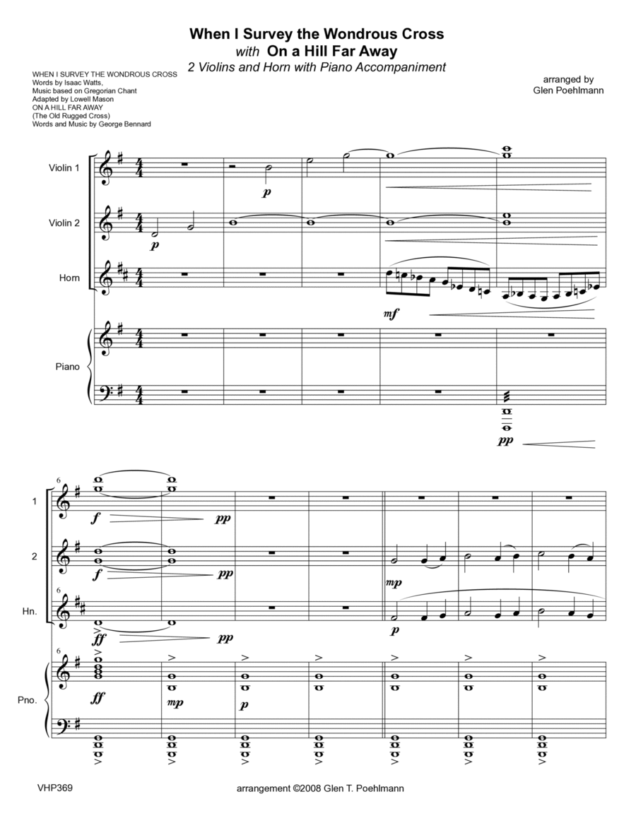 WHEN I SURVEY THE WONDROUS CROSS/ON A HILL FAR AWAY - 2 Violins & Horn (or Viola) with Piano Small Ensemble scores gallery preview page 1