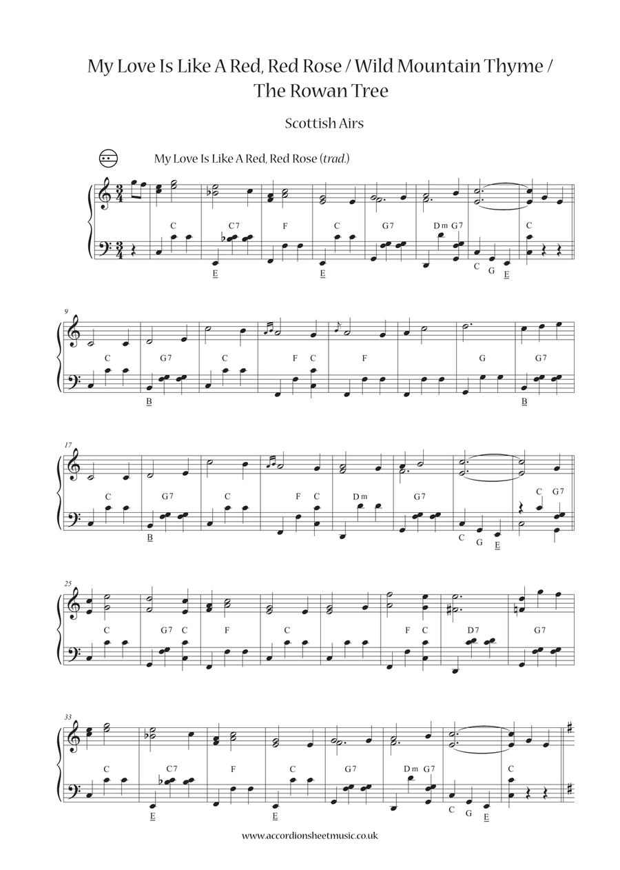 My Love Is Like A Red, Red Rose / Wild Mountain Thyme / The Rowan Tree Accordion scores gallery preview page 2