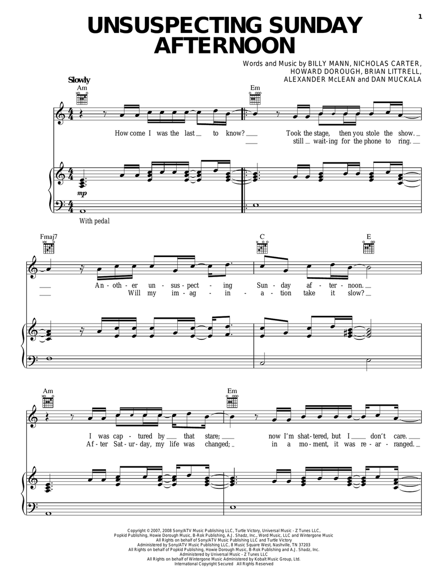 Unsuspecting Sunday Afternoon Piano, Vocal, Guitar scores gallery preview page 1