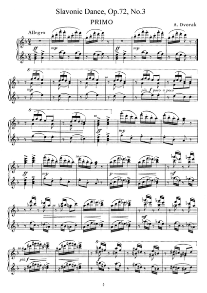 Dvorak Slavonic Dance, Op.72, No.3, for piano duet, PD893