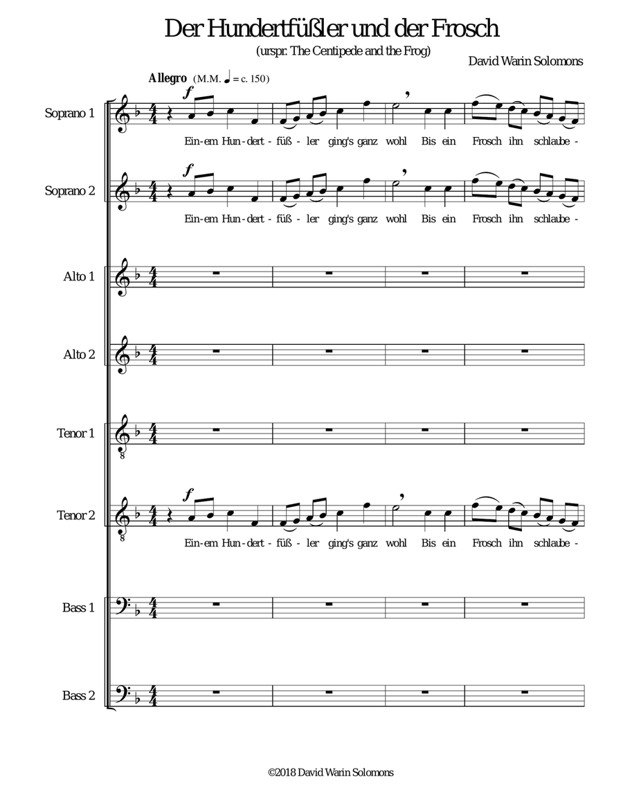 Der Hundertfüssler und der Frosch (The Centipede and the Frog in German) for 8 part choir 4-Part scores gallery preview page 1