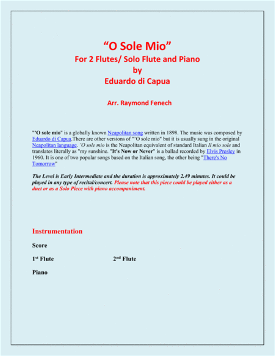 O Sole Mio - 2 Flutes and Piano Flute Duet scores gallery preview page 2