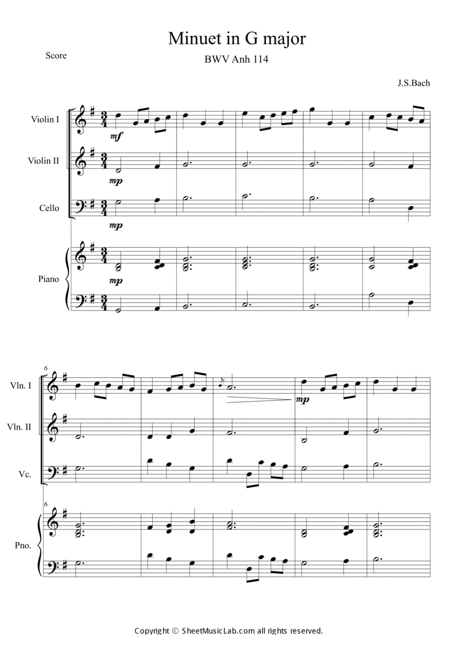 Minuet in G major Piano Quartet scores gallery preview page 1