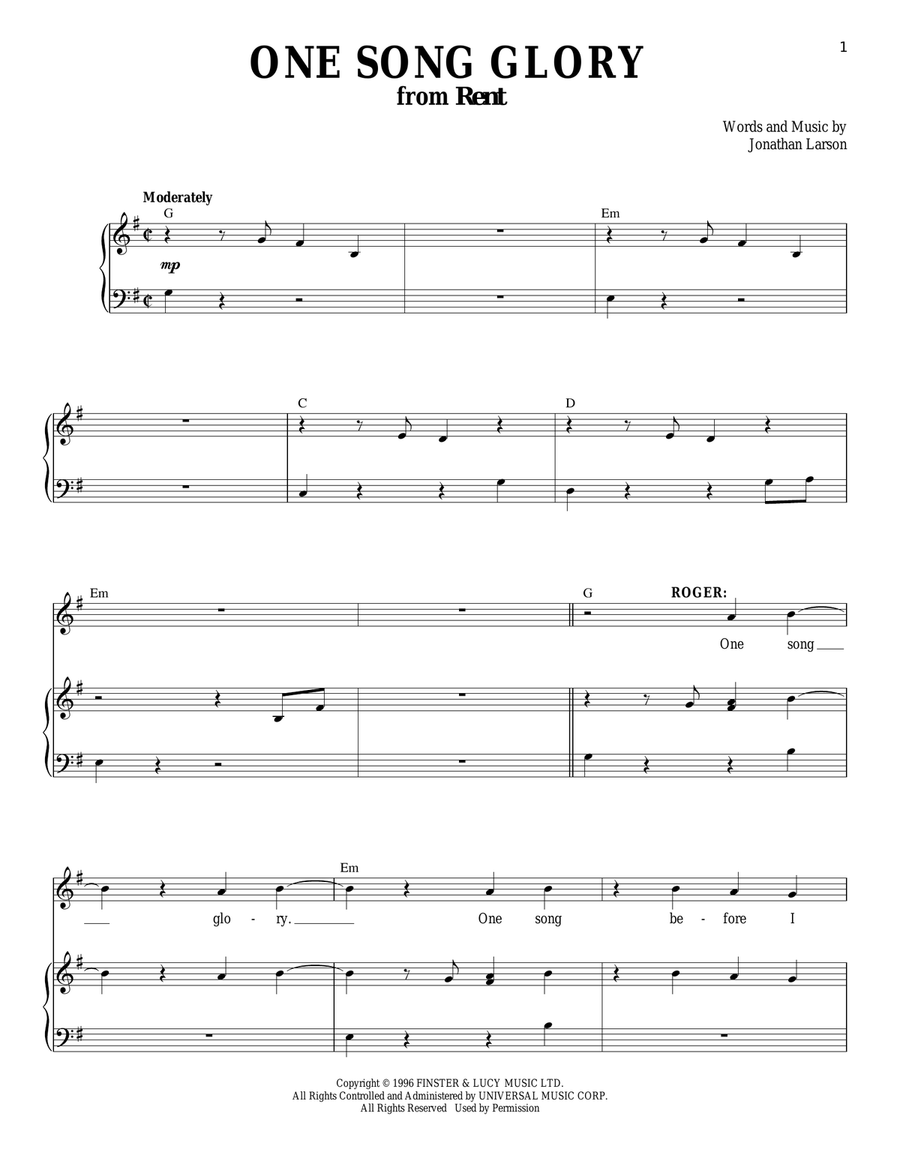 One Song Glory (from Rent) Piano, Vocal scores gallery preview page 1