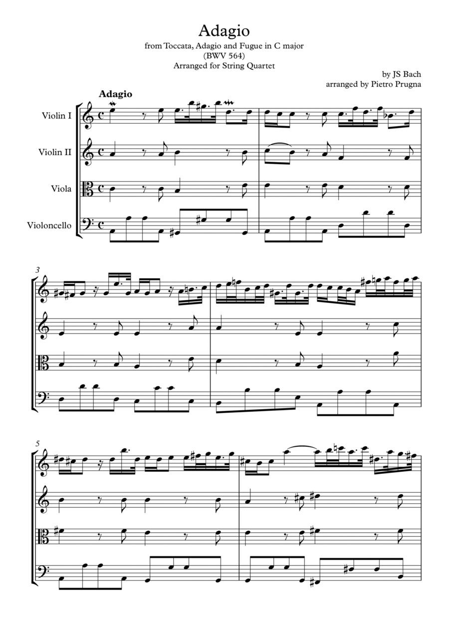 Adagio (from Toccata, Adagio and Fugue in C major) (BWV 564) by JS Bach - String Quartet arrangement String Quartet scores gallery preview page 1