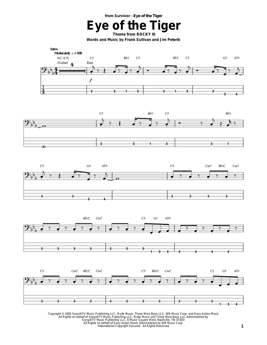 Eye Of The Tiger Bass Guitar Tablature scores gallery preview page 1