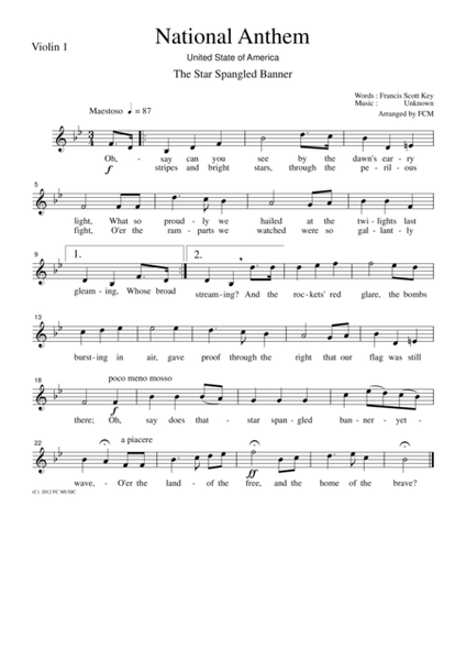 National Anthem United State of America The Star Spangled Banner, for string quartet, NA002