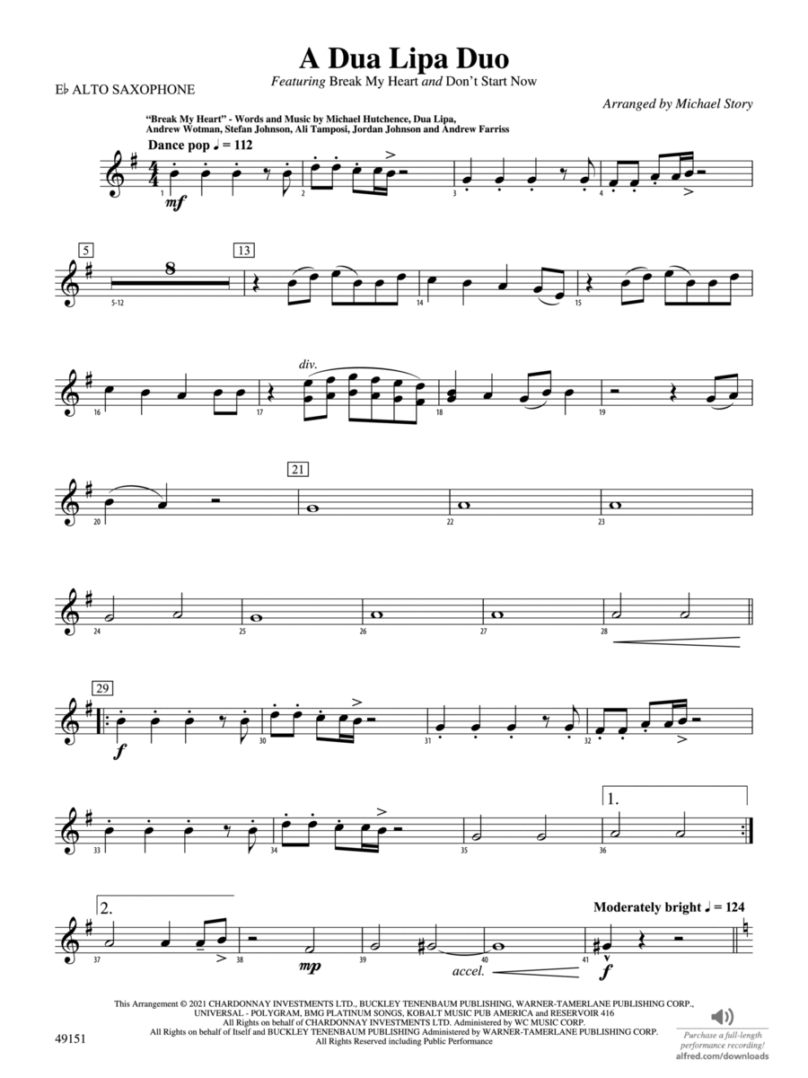 A Dua Lipa Duo: E-flat Alto Saxophone Concert Band scores gallery preview page 1
