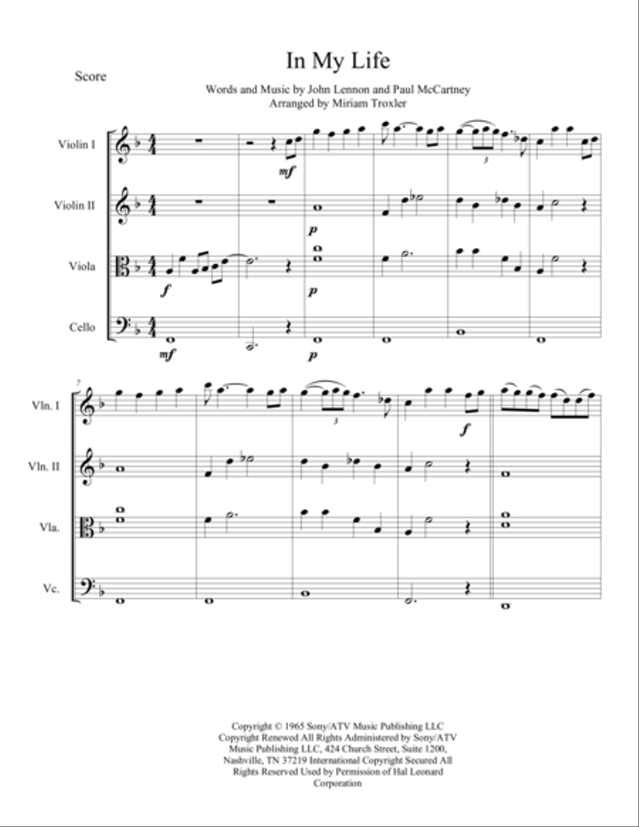 In My Life String Quartet scores gallery preview page 2