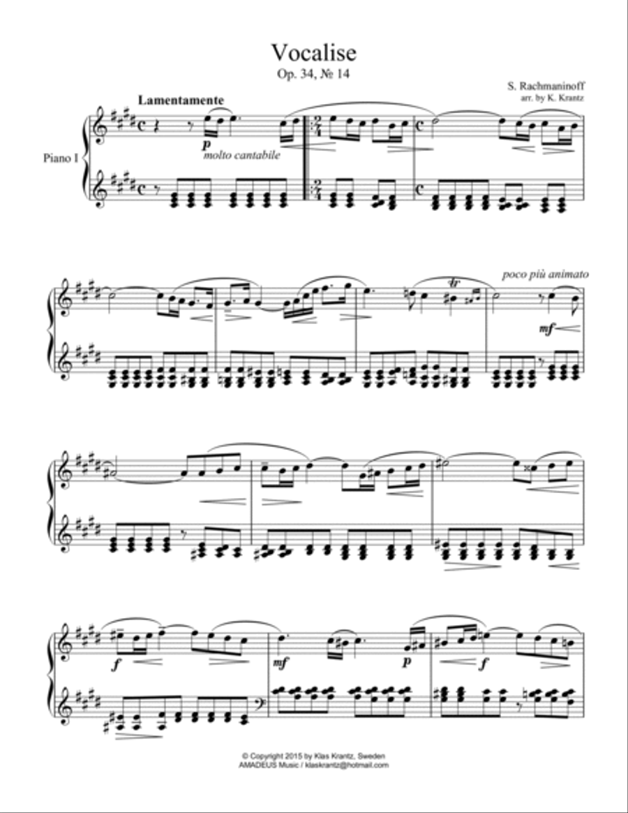 Vocalise Op. 34 for piano duo, 4 hands (orchestra version) 1 Piano, 4-Hands scores gallery preview page 6