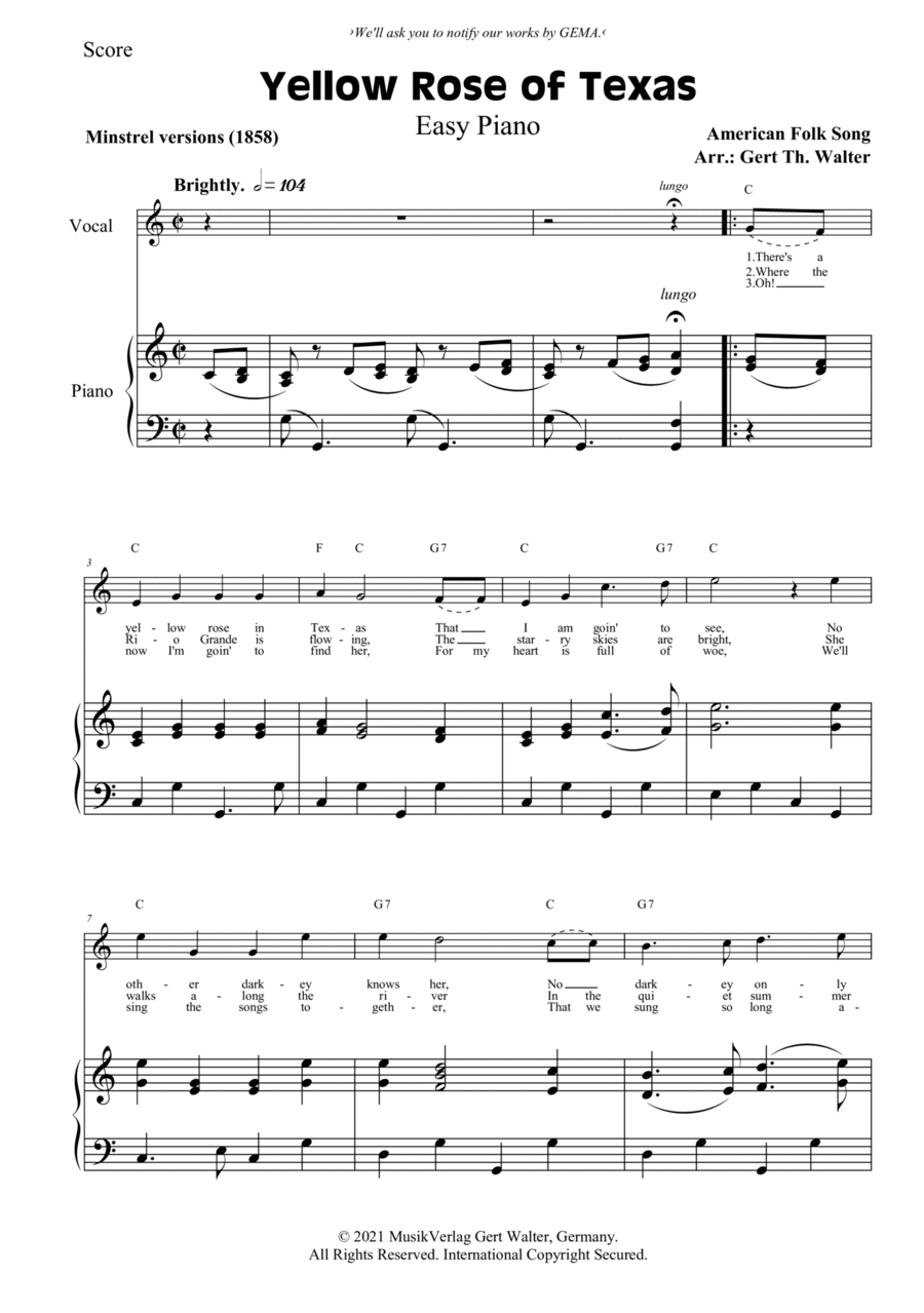 Yellow Rose of Texas Easy Piano scores gallery preview page 1