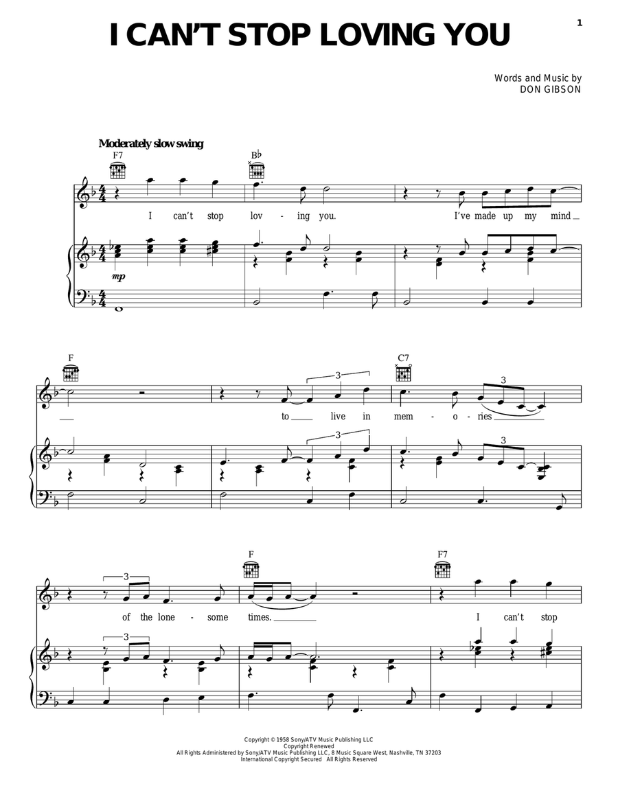 I Can't Stop Loving You Piano, Vocal, Guitar scores gallery preview page 1