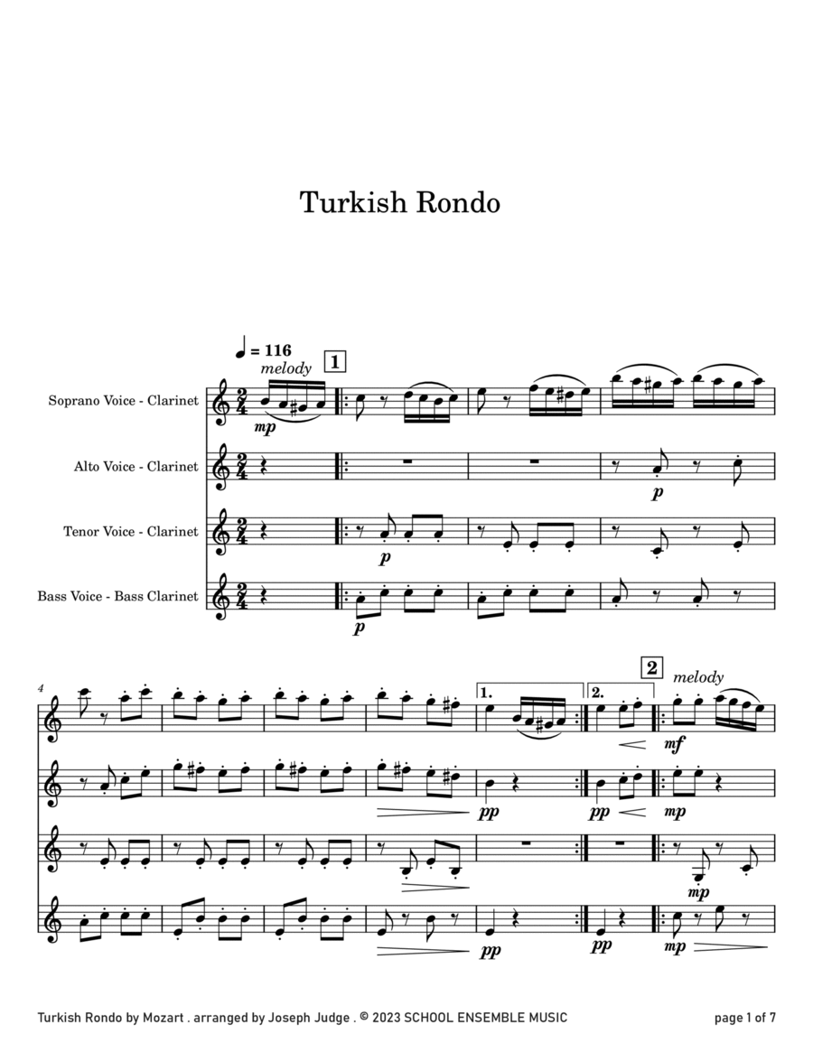 Turkish Rondo by Mozart for Clarinet Quartet in Schools image number null