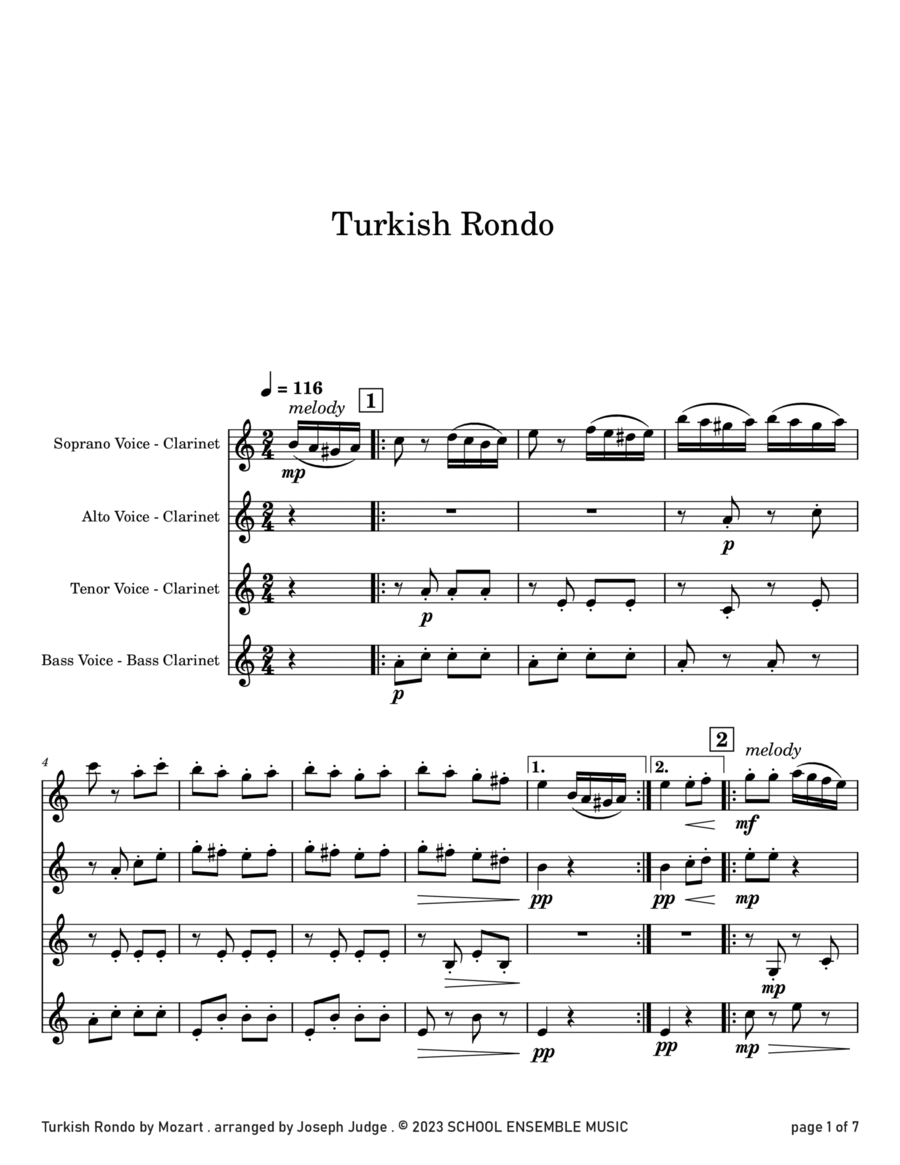 Turkish Rondo by Mozart for Clarinet Quartet in Schools Clarinet Quartet scores gallery preview page 1