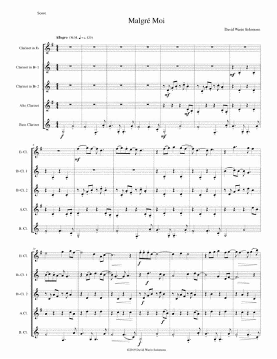 Malgré Moi for clarinet quintet (E flat, 2 B flats, alto and bass) Clarinet Quintet scores gallery preview page 1