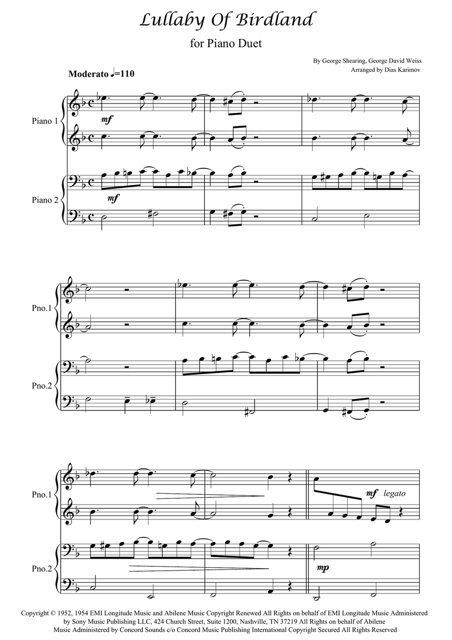 Lullaby Of Birdland 1 Piano, 4-Hands scores gallery preview page 1