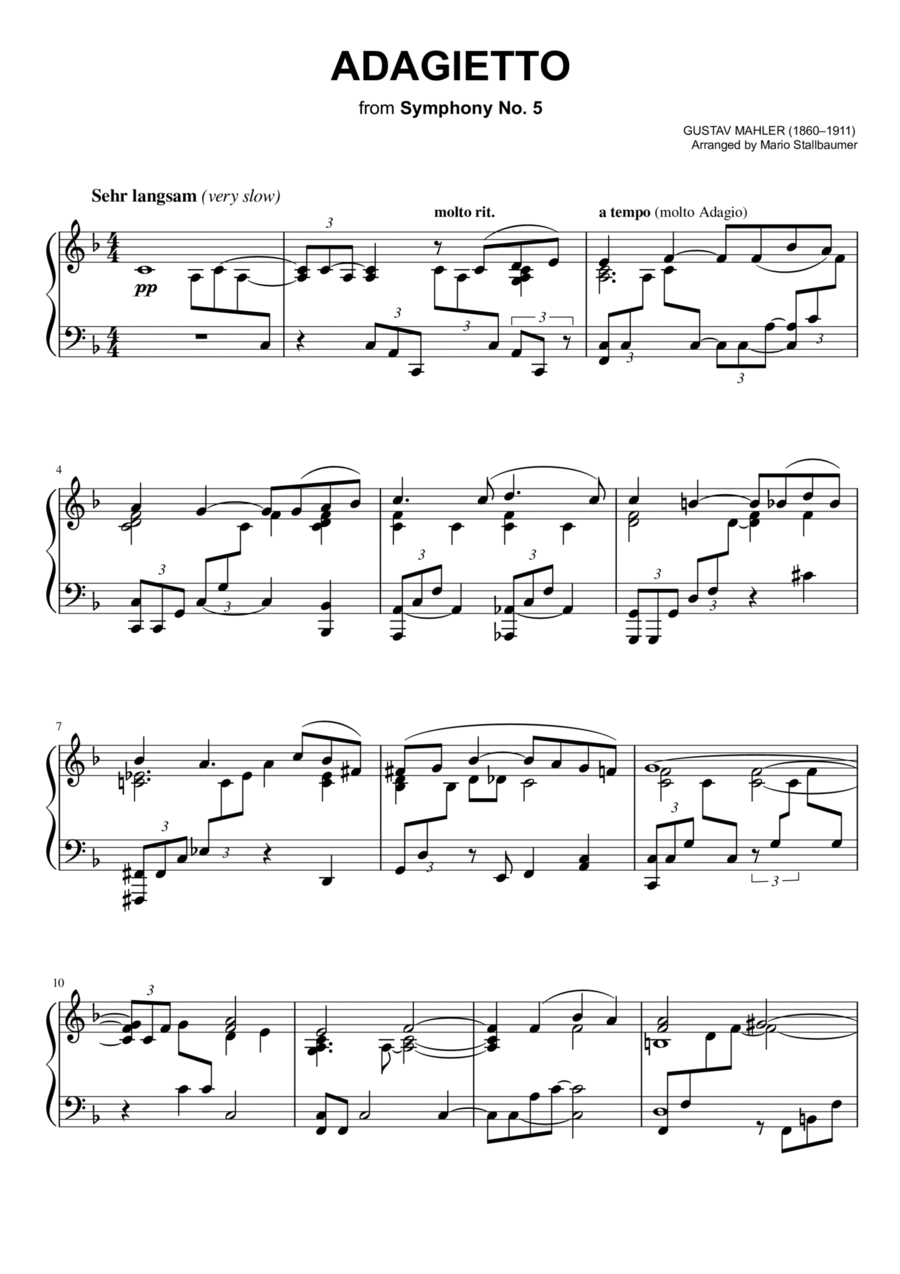 Gustav Mahler - Adagietto (from Symphony No. 5) - Piano Solo Piano Solo scores gallery preview page 1