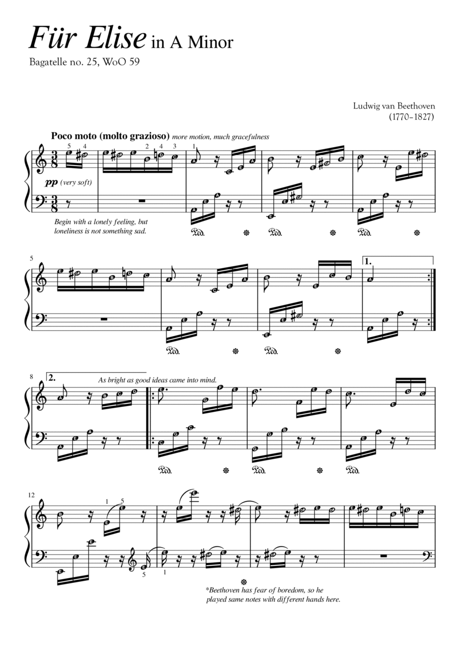 FUR ELISE (Beethoven) | Piano Solo ORIGINAL with note names and performance ideas Piano Solo scores gallery preview page 1