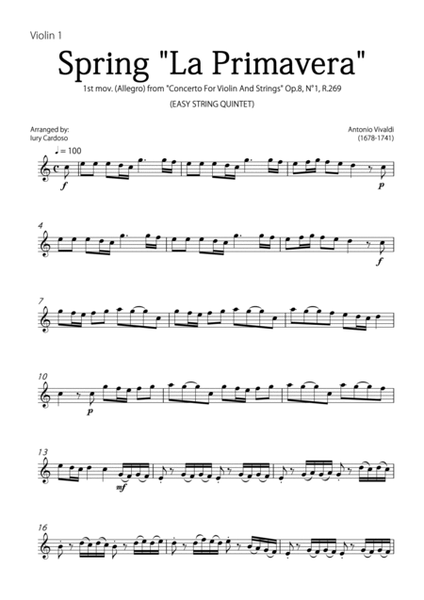 "Spring" (La Primavera) by Vivaldi - Easy version for STRING QUINTET image number null
