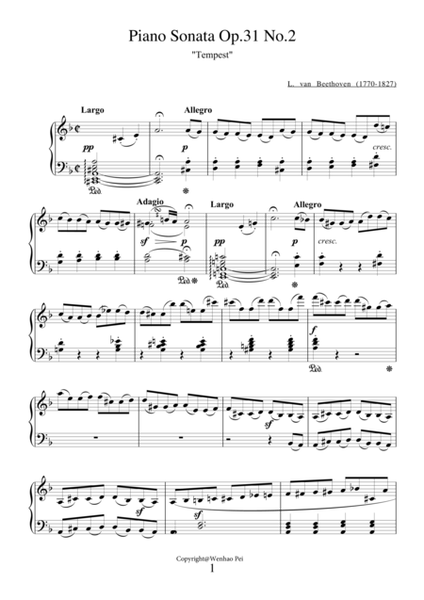 Sonata Op.31 No.2 "Tempest" by Ludwig van Beethoven for piano solo