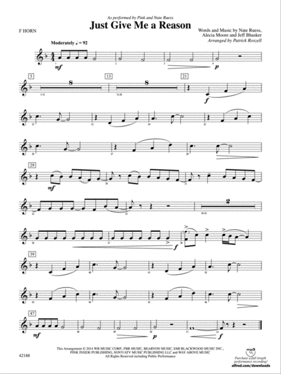 Just Give Me a Reason: 1st F Horn Concert Band scores gallery preview page 1