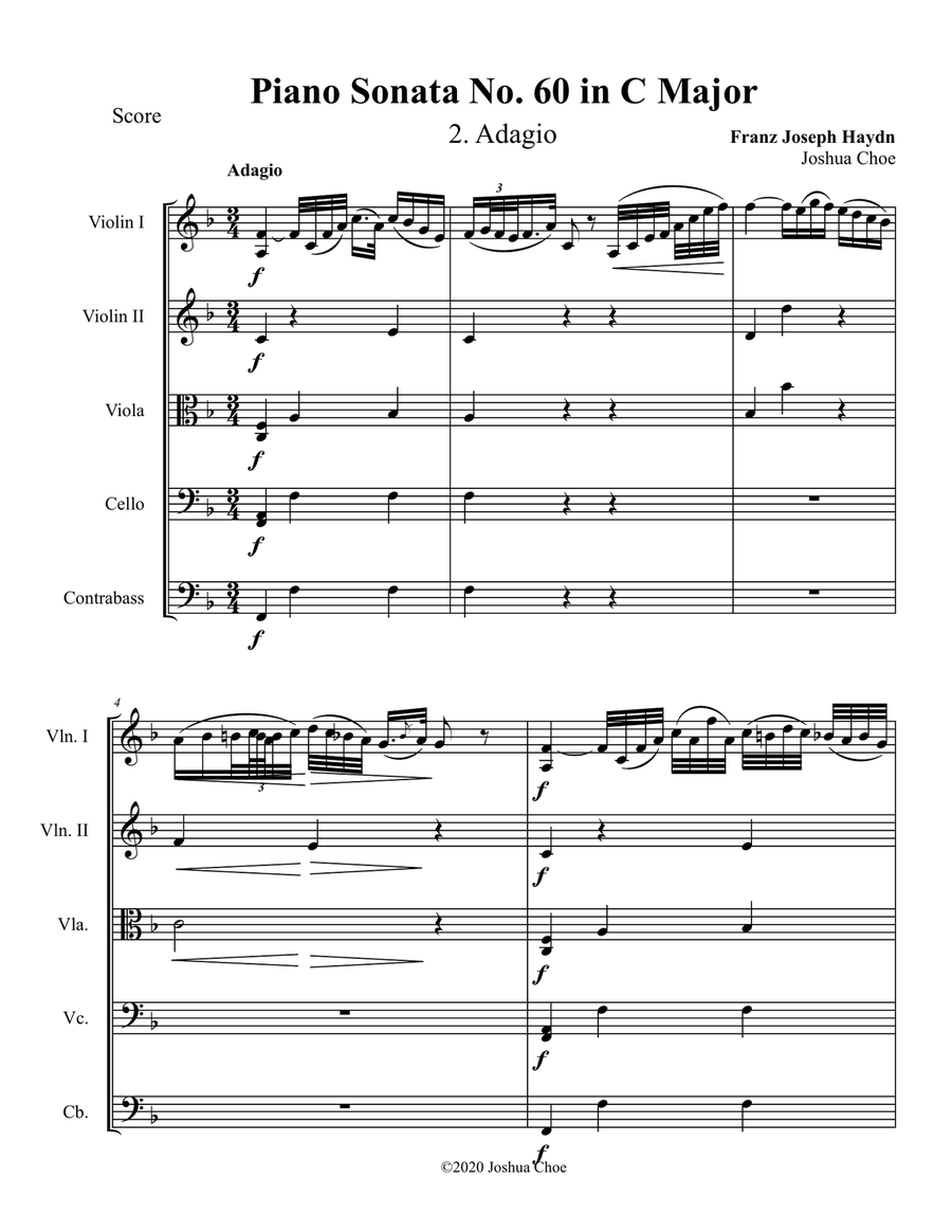 Piano Sonata in C major, Hob.XVI:50, Movement 2 String Orchestra scores gallery preview page 1