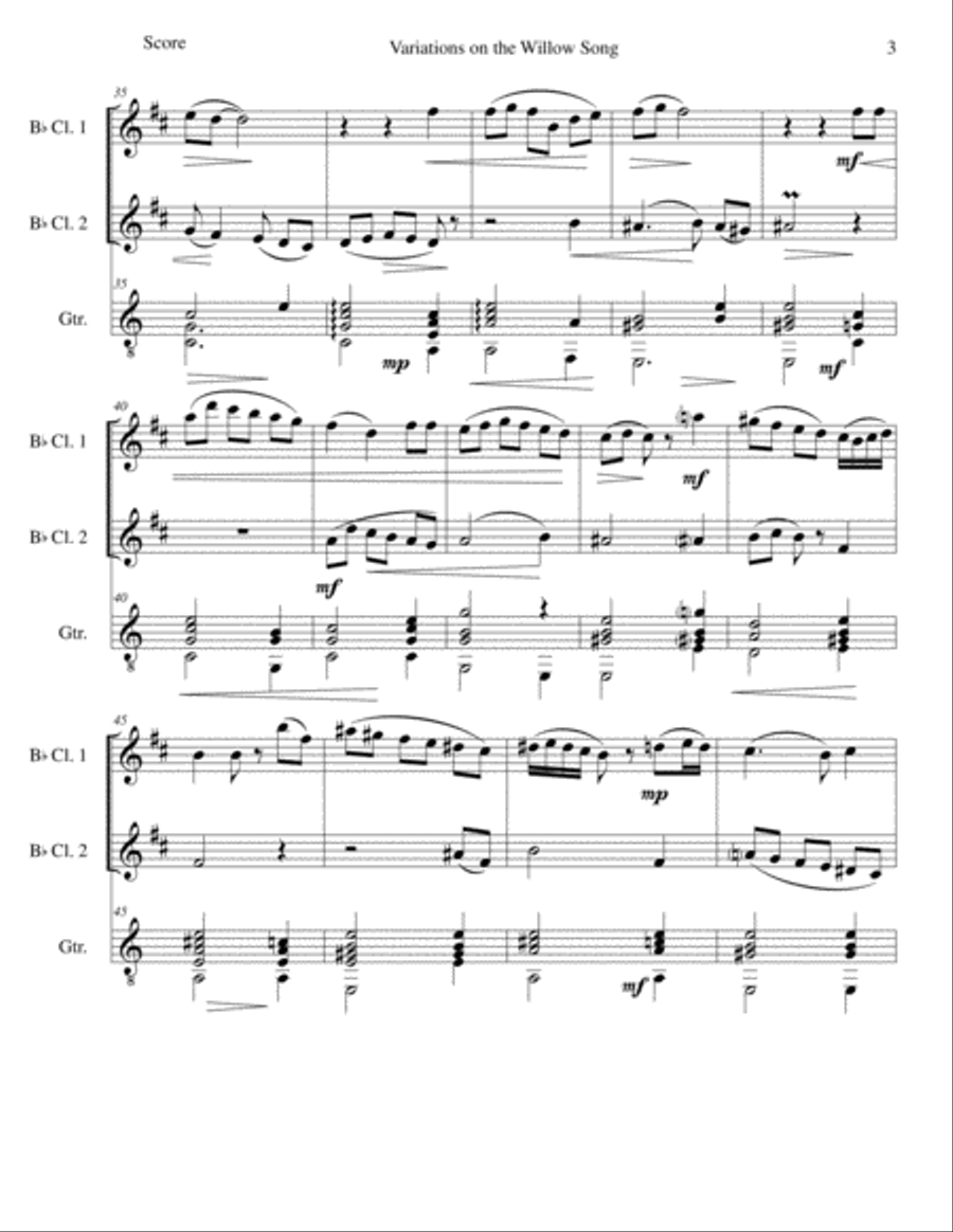 Variations on The Willow Song for 2 clarinets and guitar Clarinet Duet scores gallery preview page 3
