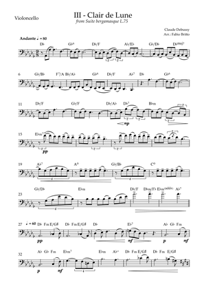 Clair de Lune (C. Debussy) for Cello Solo with Chords (Db Major)