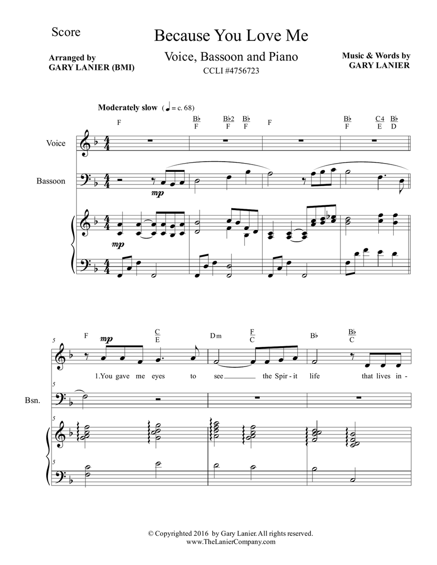 Gary Lanier: BECAUSE YOU LOVE ME (Worship - For Voice, Bassoon and Piano) Small Ensemble scores gallery preview page 2