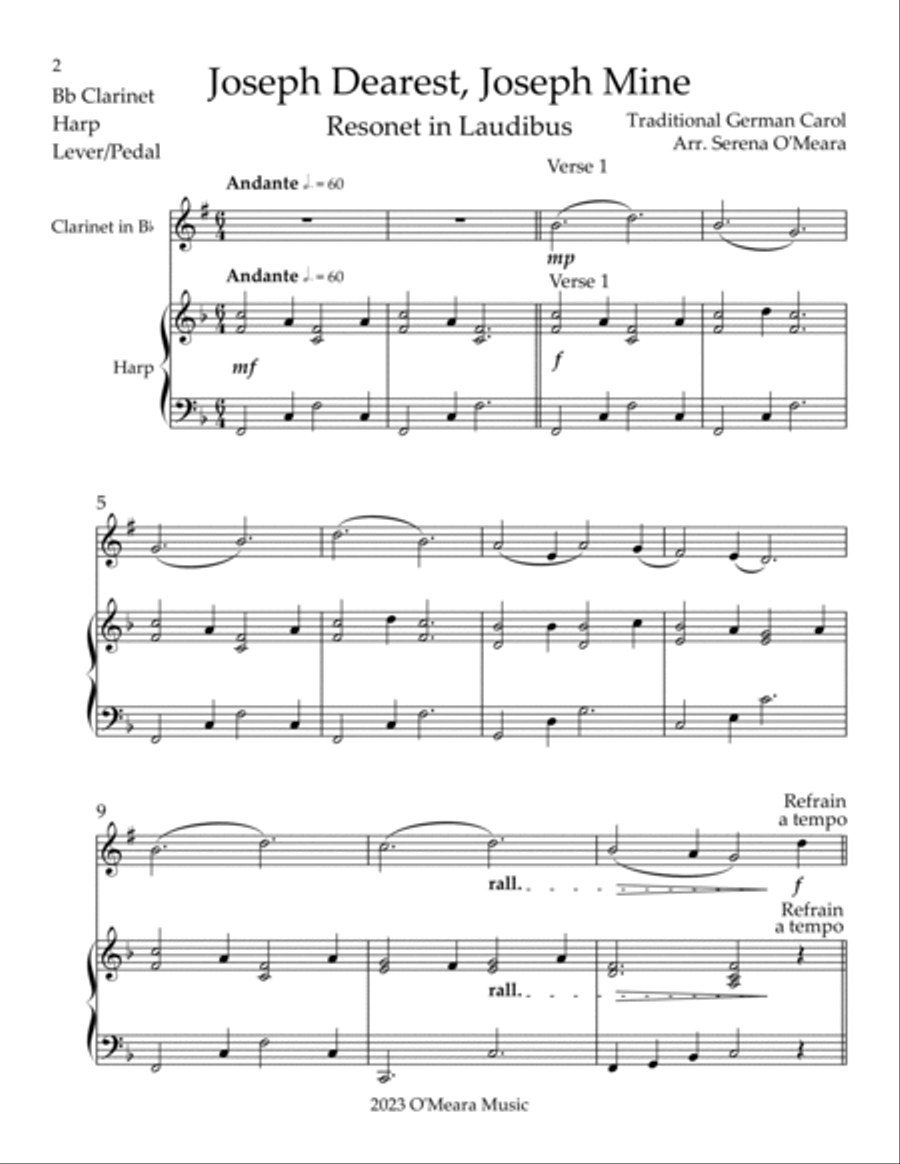 Joseph Dearest, Joseph Mine, Duet for Bb Clarinet & Harp B-Flat Clarinet scores gallery preview page 2