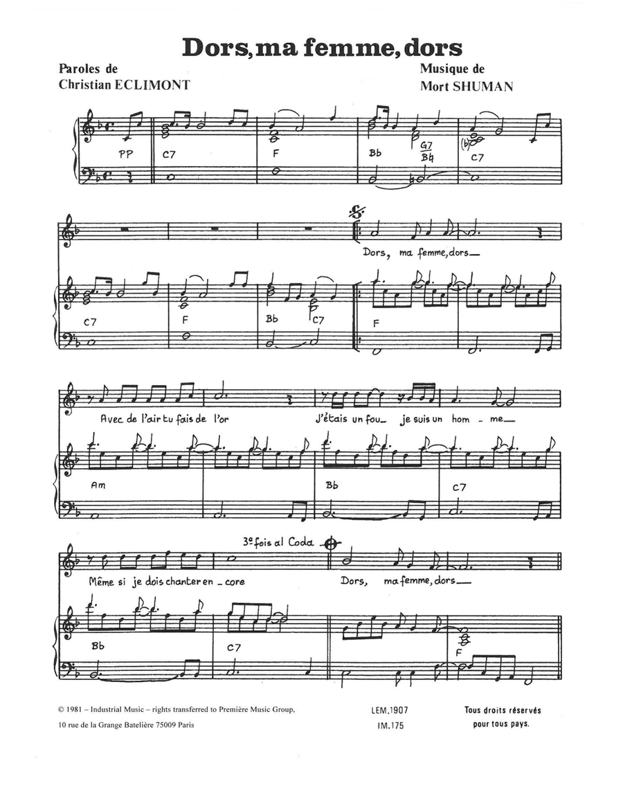 Dors Ma Femme, Dors Piano, Vocal scores gallery preview page 1