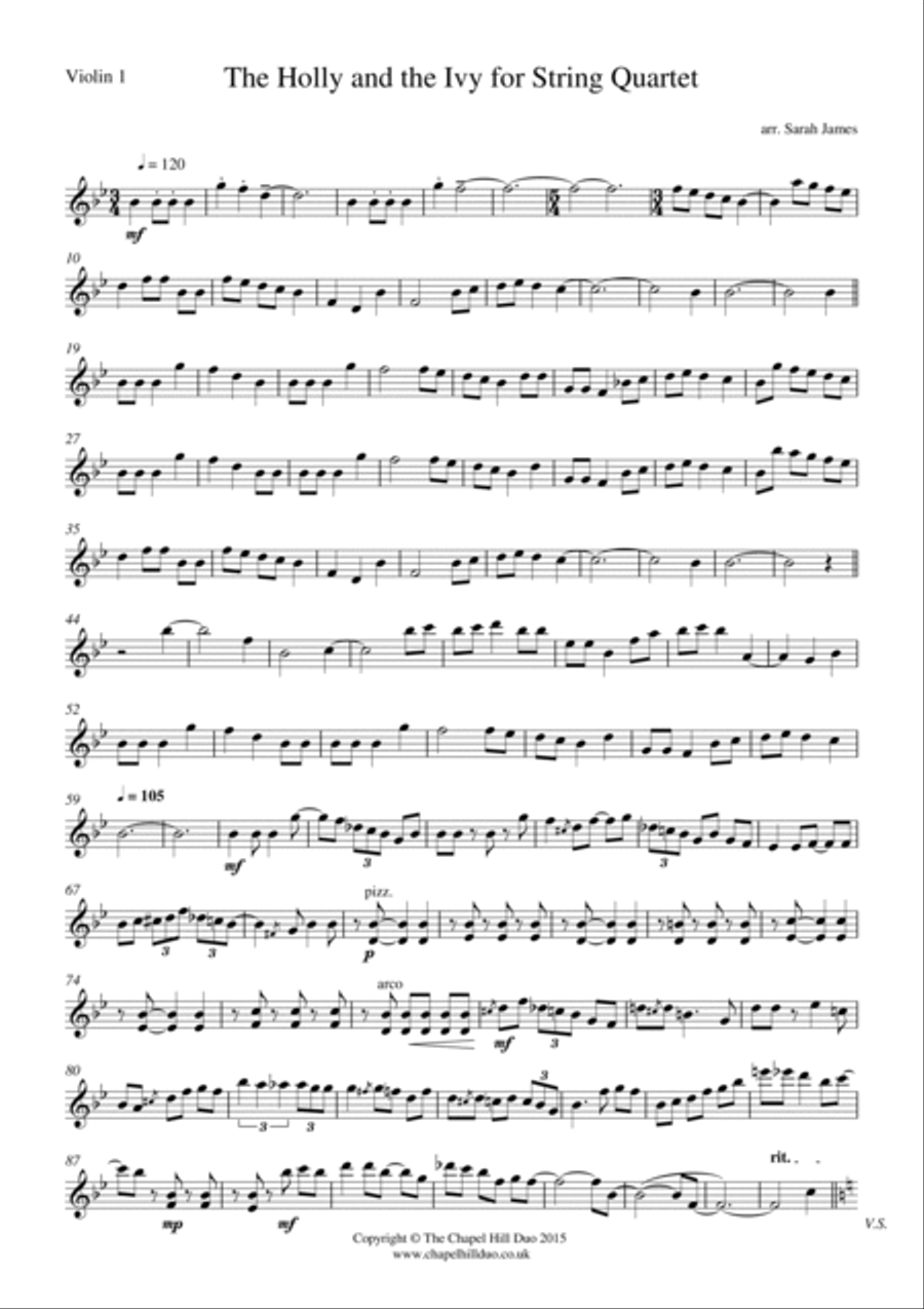 The Holly and the Ivy for String Quartet - Full Length arrangement by the Chapel Hill Duo String Quartet scores gallery preview page 2
