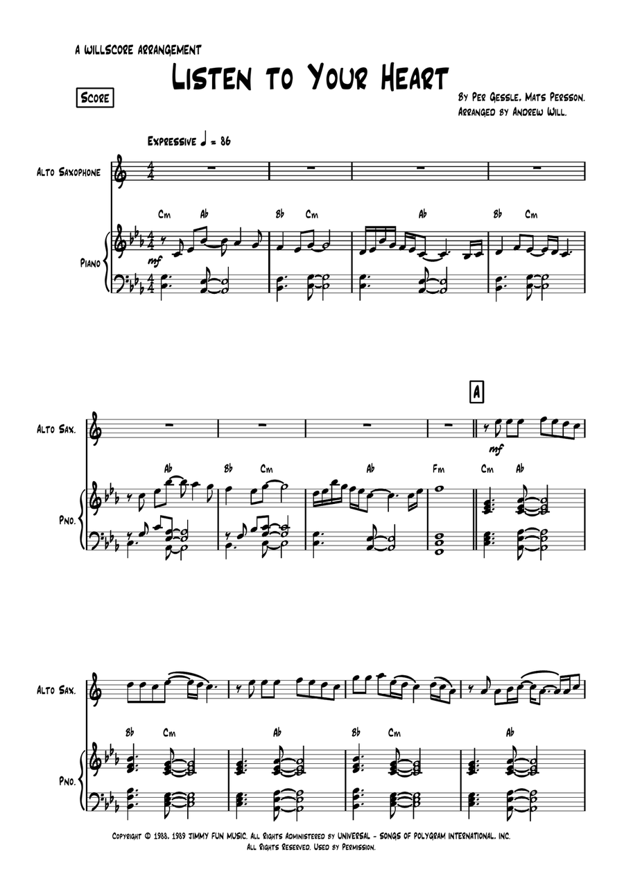 Listen To Your Heart Listen To Your Heart Alto Saxophone scores gallery preview page 1