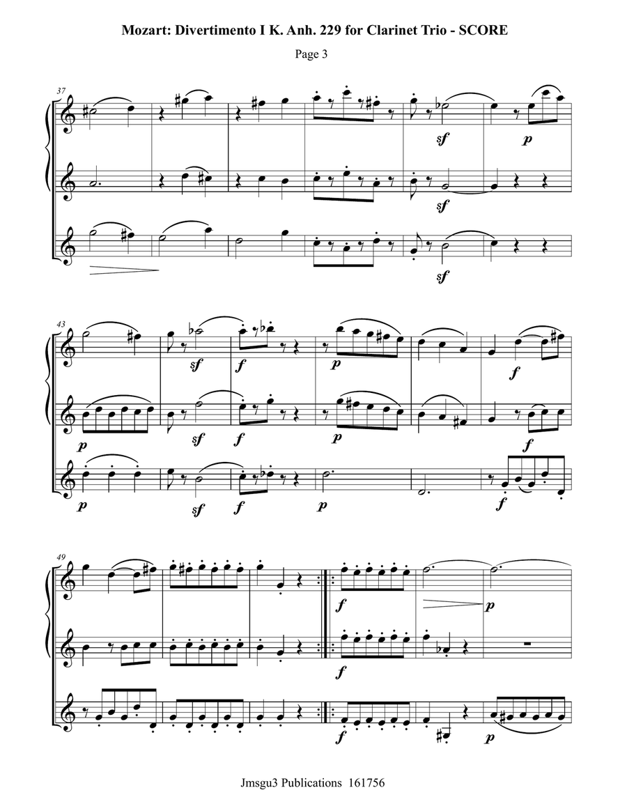 Mozart: Divertimento No. 1 for Clarinet Trio Clarinet Trio scores gallery preview page 3